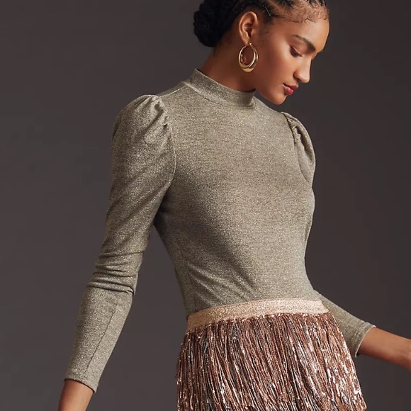 Anthropologie Dolan Metallic Mock Neck Puff Sleeve Shoulder Long Sleeve Top - Picture 2 of 8